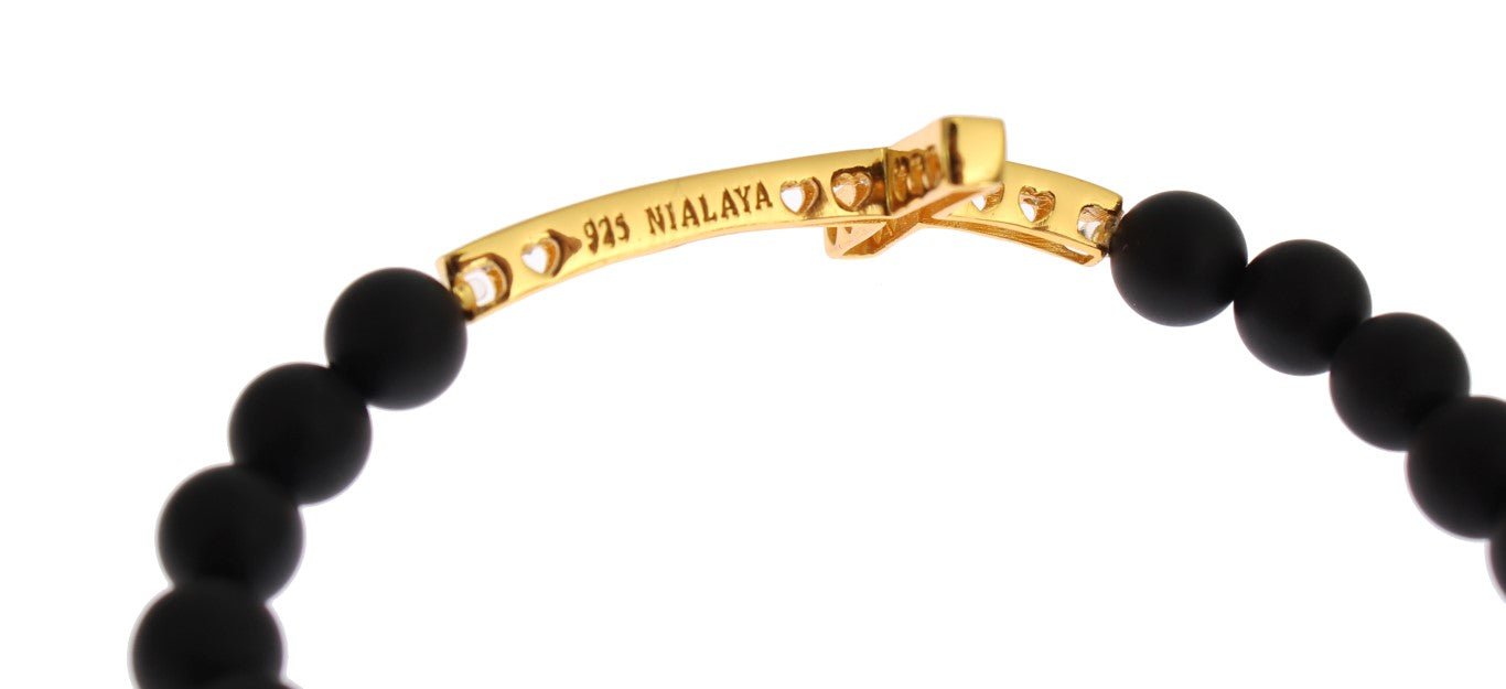 Nialaya Matte Onyx Stone Gold CZ Cross 925 Silver Bracelet - Fizigo