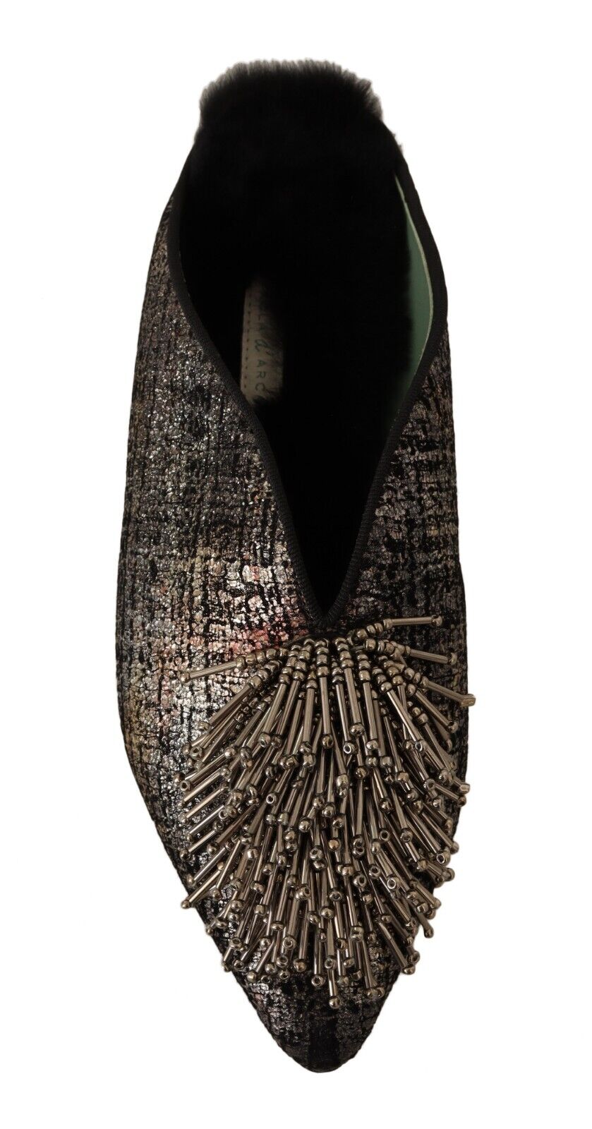 Paola D'Arcano Gold Jacquard Leather Embellished Slip On Shoes - Fizigo