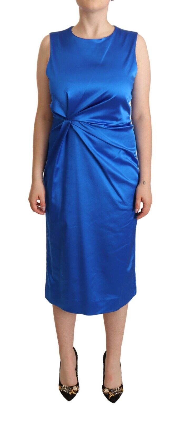 P.A.R.O.S.H. Blue Acetate Sleeveless Pleated Midi Sheath Dress - Fizigo