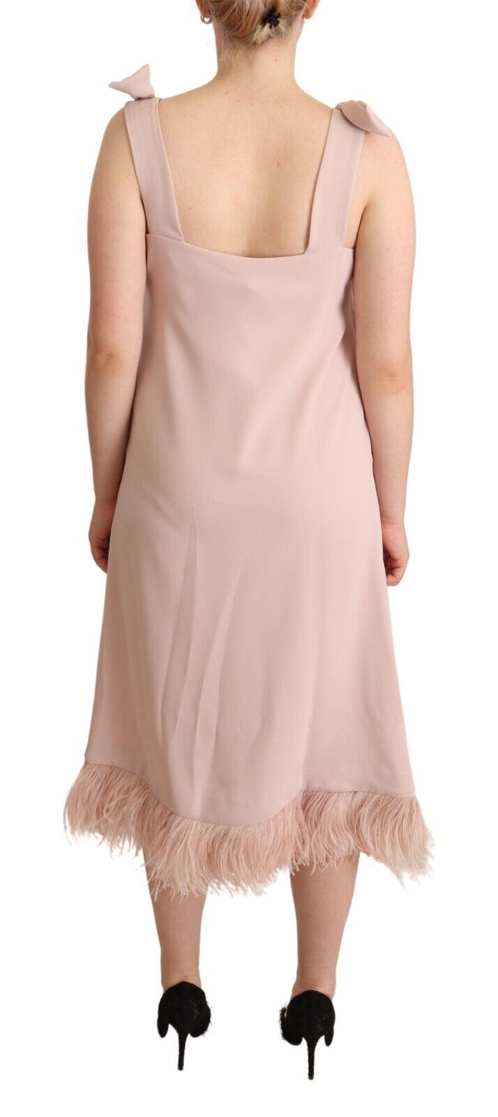 P.A.R.O.S.H. Pink Polyester Sleeveless Midi Feather Shift Dress - Fizigo