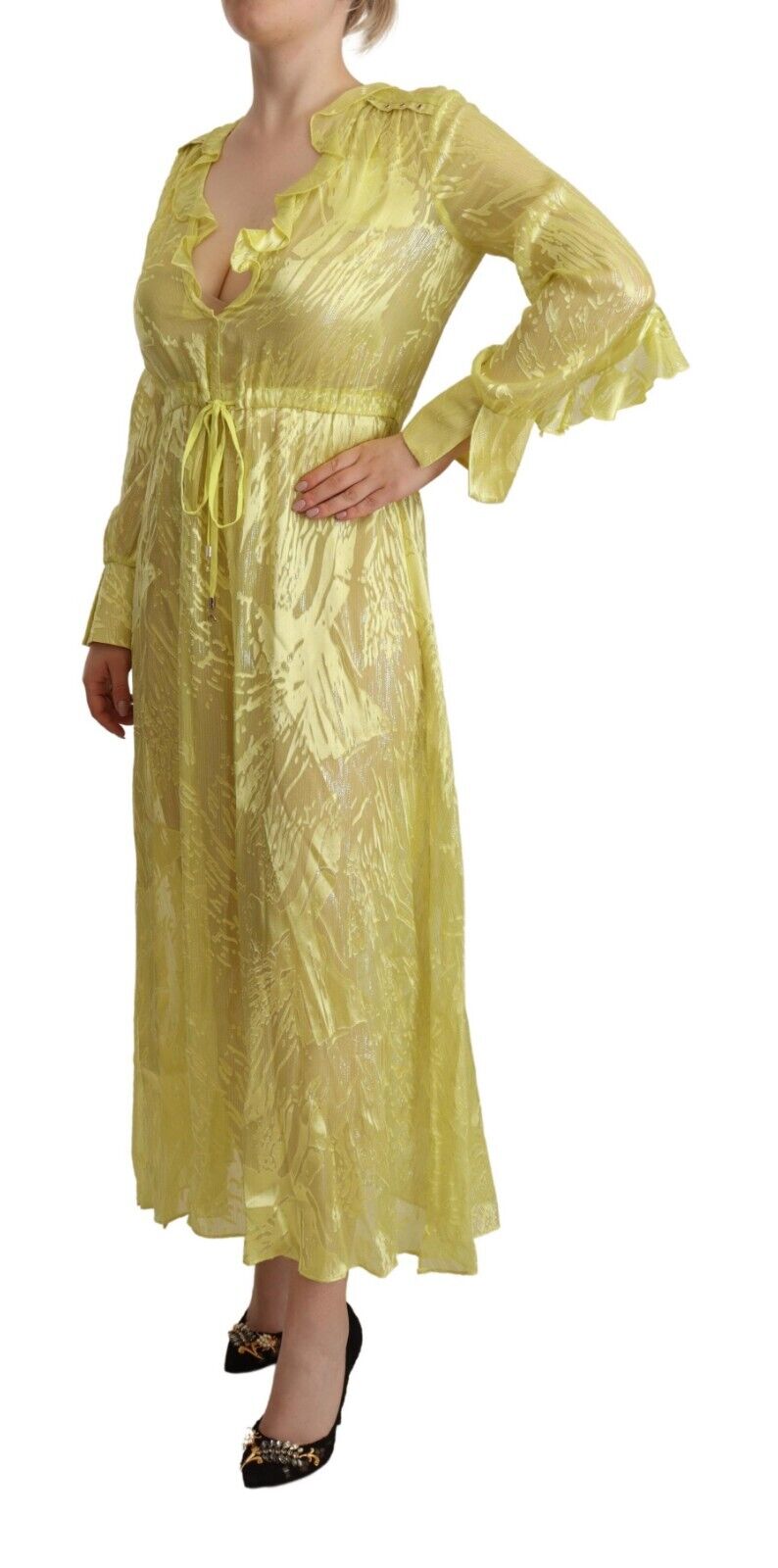 Patrizia Pepe Yellow Silk Long Sleeves Plunging Maxi Dress - Fizigo