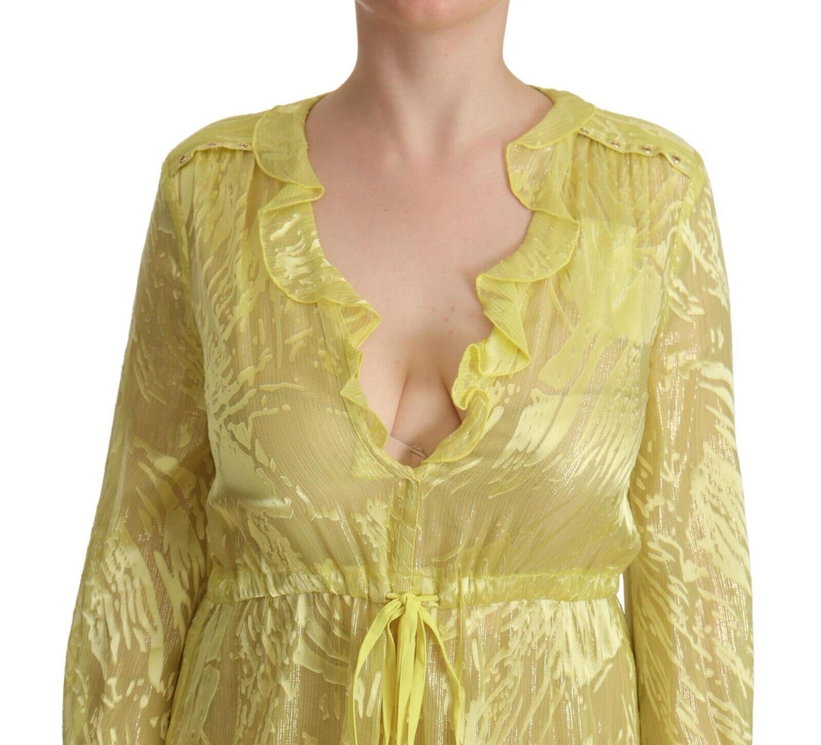 Patrizia Pepe Yellow Silk Long Sleeves Plunging Maxi Dress - Fizigo