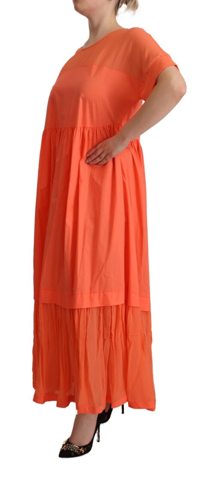 Twinset Coral Short Sleeves Cotton Maxi Shift Dress - Fizigo